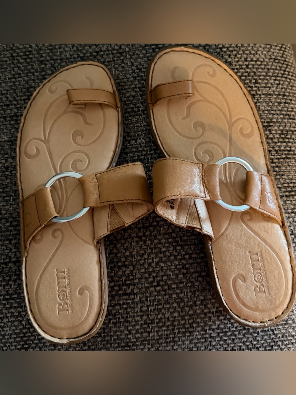 Born Tan Slide Sandals with Silver Ring Accent